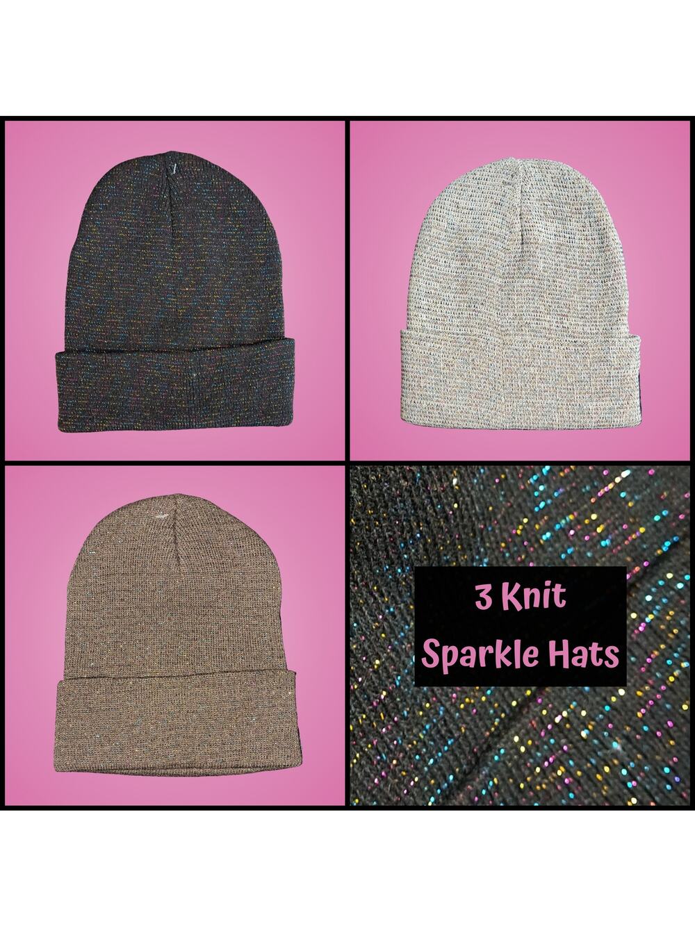 3 Winter Knit Toboggan Beanie Hats Solid Color With Rainbow Sparkle Threads OSFM